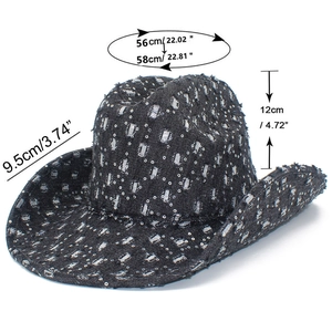 Detailed size chart for black distressed denim cowboy hat with sequins and ripped details