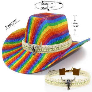 Detailed view of woven cowboy hat with striped pattern and metal bull head accessory
