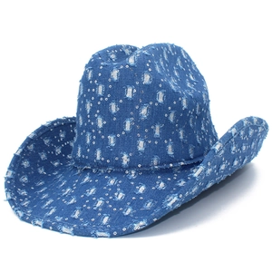 Blue sequin distressed denim cowboy hat with wide brim for western fashion and casual style