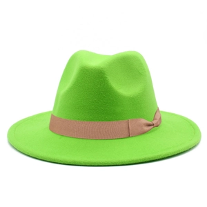 Detailed macro view of the lime green wool fedora with a brown grosgrain ribbon bow