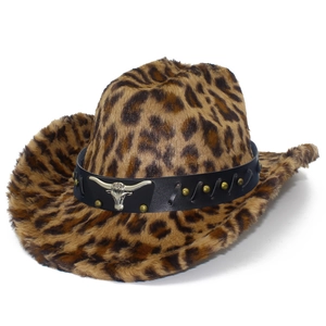 Cappello da cowboy leopardato in ecopelliccia con stemma a testa di toro e pelle