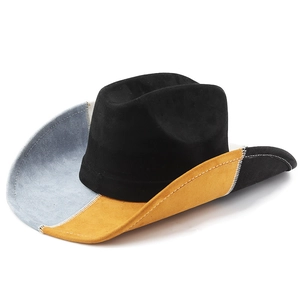 Classic black suede patchwork cowboy hat with multicolor brim and contrast stitching
