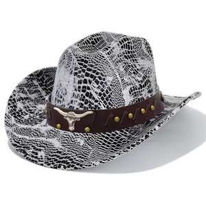 Detailed close-up of a faux leather snake skin cowboy hat with silver bull head emblem