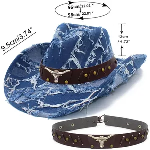 Fashionable denim fedora with fringe brim and bull head buckle for outdoor sun protection