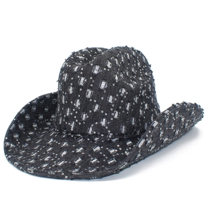 Distressed black denim cowboy hat with silver sequins and stylish ripped edge details