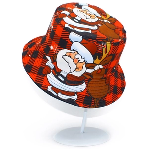 Close-up of buffalo plaid Christmas bucket hat with Santa, reindeer and snowflake prints