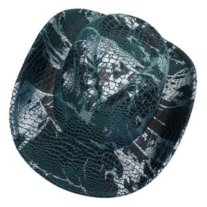 Top view of blue and silver metallic cowboy hat with embossed crocodile leather texture