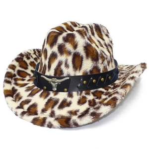 Cappello da cowboy leopardato con fibbia in metallo a testa di toro e cinturino