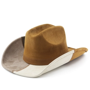 Western Patchwork Cowboy Hat Faux Suede Style Contrast Stitching Wide Brim For Men Women Outdoor Travel Sun Hat Fedora