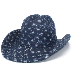 Fashion Sequin Distressed Denim Cowboy Hat Western Style Ripped Wide Brim Jazz Hat For Party Stage Performance Women Men