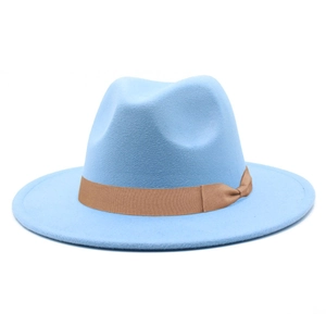 Classic sky blue wool felt fedora hat with brown grosgrain ribbon and bow detail