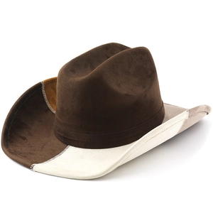 Classic patchwork suede cowboy hat with stitched wide brim for sun protection and fashion