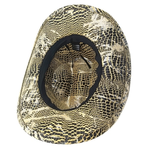 Detail of the inner lining, sweatband, and 100% polyester label of the faux crocodile hat