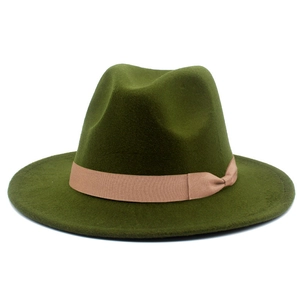 Detailed close-up of olive green fedora hat with light brown grosgrain ribbon and bow