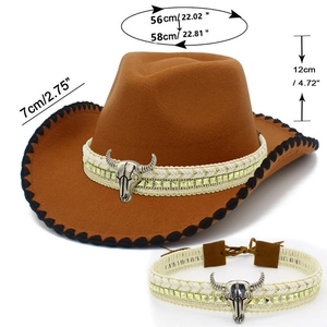 Detail view of brown felt cowboy hat with bull head ornament and size specifications