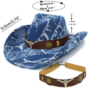 Chapeau de cowboy en denim de coton bleu effiloché avec lanière en cuir et taureau