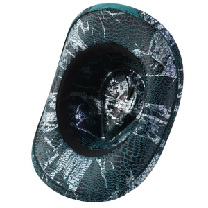 Detail view of western cowboy hat featuring green crocodile texture and black sweatband
