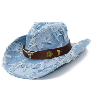 Chapeau de Cowboy Western Vintage en Denim Usé Avec Ceinture en Cuir Tête de Taureau Franges Déchirées Large Bord pour Hommes Femmes