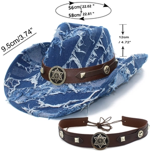Distressed denim cowboy hat with leather band and vintage star badges in side view