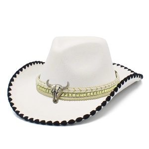 Classic white western cowboy hat with bull head accessory and black stitched edge design