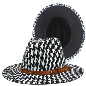 Vintage Unisex Fedora Hat Houndstooth Pattern Jazz Hat With Leather Strap Rivets Cotton Polyester Blend Sunshade Cap