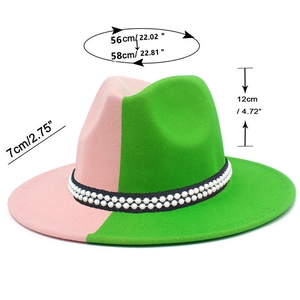 Detailed size specifications for pink and green fedora with faux pearl band trim