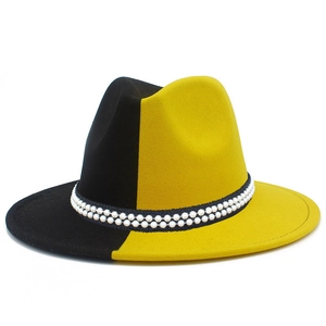 Two-tone yellow and black wool fedora hat with elegant pearl band decoration