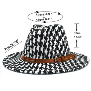 Size guide for houndstooth cowboy hat showing head circumference, brim width, and height