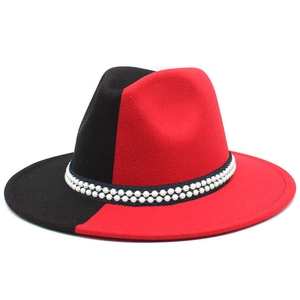 Two-tone red and black wool felt fedora hat with elegant pearl band for men and women