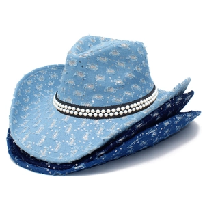 Distressed denim cowboy hat with silver sequins and pearl band in light and dark blue