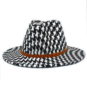 Chapeau fedora classique à motif pied-de-poule avec ruban en cuir tressé pour adultes