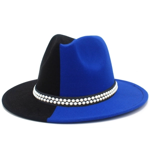Detail view of two-tone wool fedora hat with elegant faux pearl beaded band trim