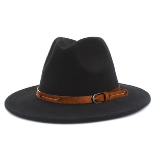 Classic black felt fedora hat with brown leather belt strap and metal buckle accent