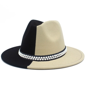 Detailed view of bicolor felt fedora hat featuring a double-row faux pearl elastic band decoration
