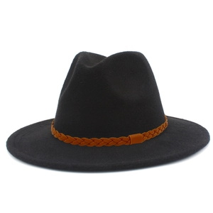 Chapeau Fedora classique en laine noire avec bande en cuir tressé marron mixte adulte