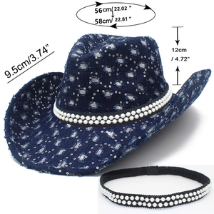 Size specifications of blue western cowboy hat with sequins and detachable pearl strap