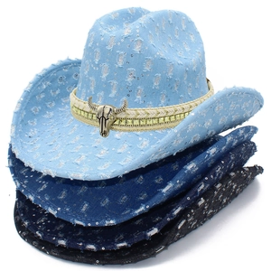 Distressed denim cowboy hats with bull head skull decor and sequins in three colors