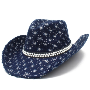 Deep blue cowboy hat with silver sequins, white pearls and vintage distressed details