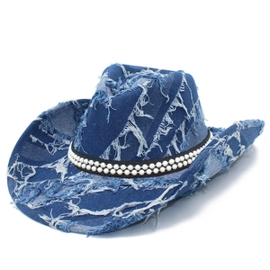Chapeau de Cowboy Western en Denim Vieilli Avec Bordure en Künstliche Perles d'Imitation Bord Effiloché Chapeau de Soleil Rétro à Large Bord pour Femmes Hommes