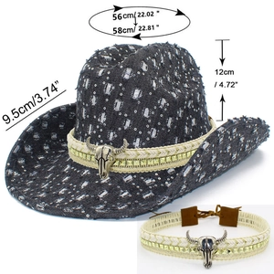 Detail of western cowboy hat featuring denim texture, bull head ornament and size specs
