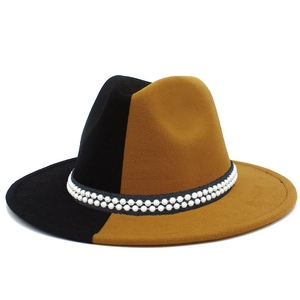 Two-tone black and camel wool felt fedora hat with faux pearl elastic band for women and men