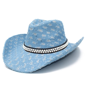 Distressed blue denim western cowboy hat with silver sequins and pearl trim band