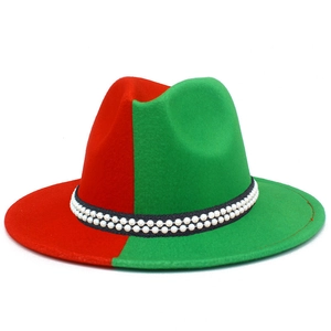 Detail of red and green contrast wool fedora with double-row faux pearl embellishment