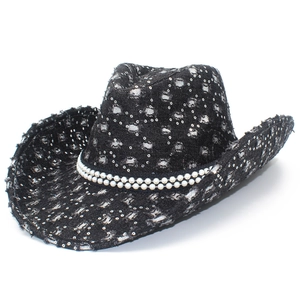 Western Cowboy Hat Women Men Distressed Denim Sequin Shiny Cowgirl Hat With Artificial Pearl Band For Carnival Party Performance