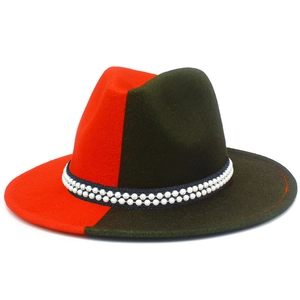 Detail of red and olive green fedora hat featuring double row pearl elastic band