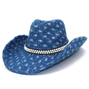 Distressed blue denim cowboy hat with silver sequins and double-row pearl band