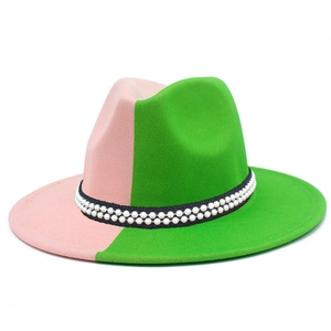 Two-tone pink and green wool fedora hat with black ribbon and faux pearl trim
