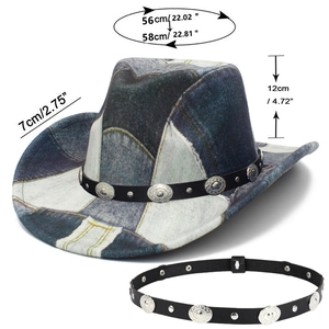 Dettaglio del cappello da cowboy in denim patchwork con tesa da 7cm e dimensioni