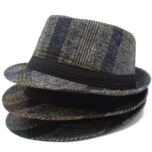 Men Plaid Fedora Hat British Style Vintage Trilby Jazz Hat Polyester Cotton Blend Autumn Winter Warm Fashion Gentleman Hat