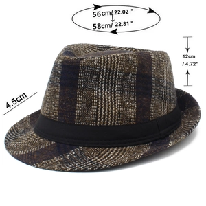 Detailed size specifications for the plaid fedora hat with dimensions and band details